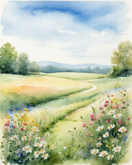 Obraz premium Meadow wildflower watercolor landscape sky path under bright sun and a gentle breeze peaceful field glows with color and serenity