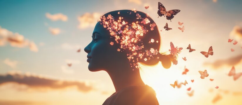 Human mind blooms with flowers and butterflies during sunset