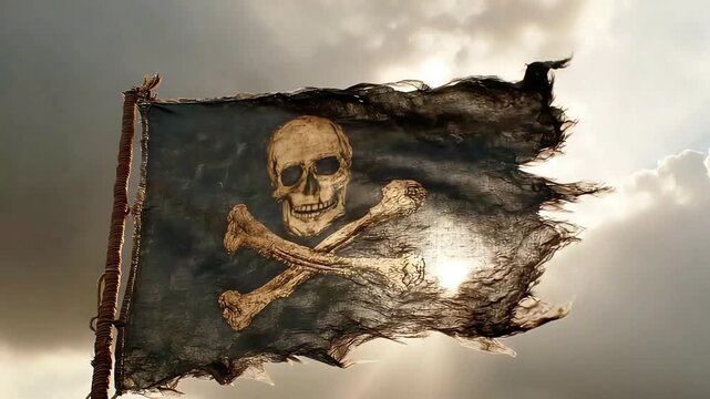 A weathered pirate flag with a skull and crossbones billows dramatically in a stormy sky, evoking a sense of adventure and danger for marketing or edi