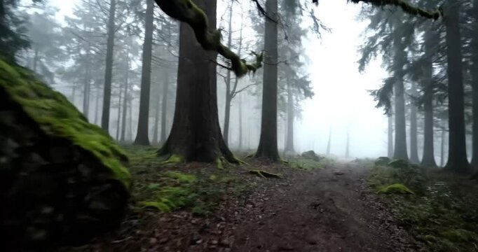 Mysterious foggy forest path with ancient mossy trees and boulder