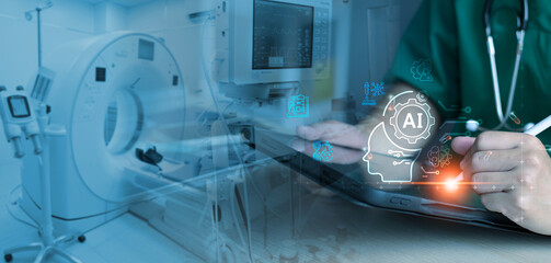 Professional doctor using digital tablet with AI brain interface and medical data. MRI scanner background, smart healthcare innovation, machine learning diagnostics, and advanced clinical technology.