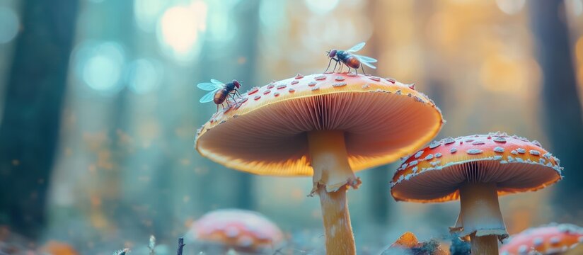 Hungry flies eat juicy orange amanita mushrooms in the forest.