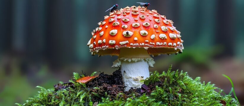 Hungry flies eat juicy orange amanita mushroom in forest environment