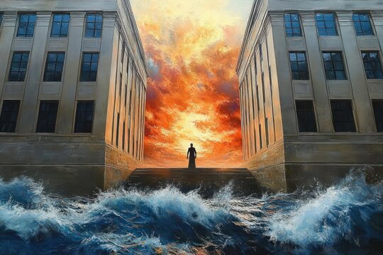 Solitary figure standing on steps between two tall classical buildings as crashing ocean waves surge below and a fiery dramatic sky blazes above, evoking awe and foreboding