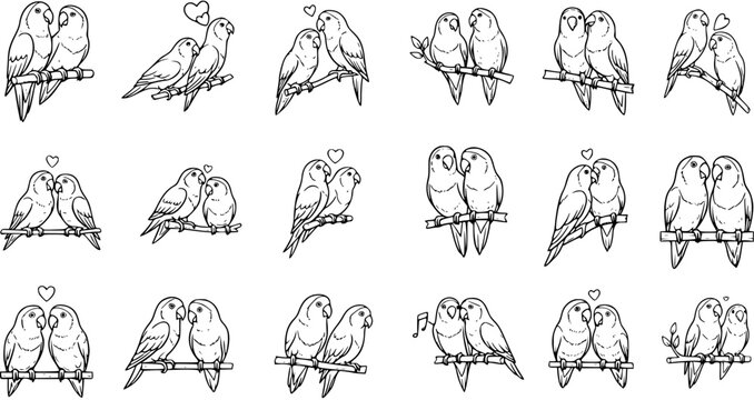 Romantic Lovebirds Couple Black and White Line Art Vector Illustration Set for Valentine's Day and Relationship Designs