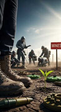 Demining experts clearing a minefield with a small green plant growing in the foreground.