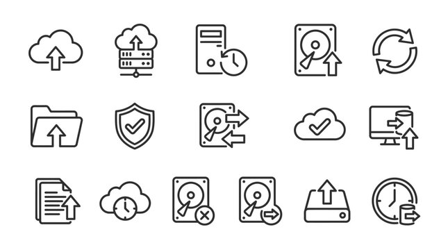 Cloud File Upload Icon Set for Data Storage and Internet Transfer in Linear Style