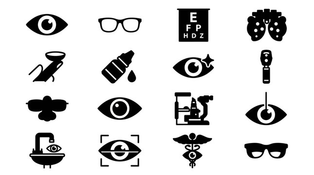 Set of Minimalist Black and White Sight and Eye Icons for Medical or Health Apps and Designs