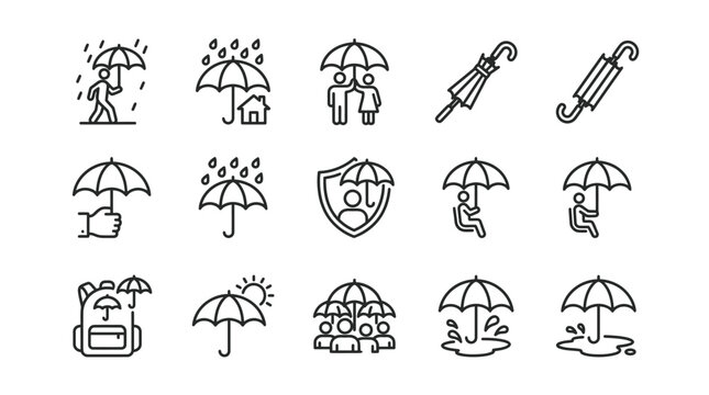 Vector Illustration Set of People and Umbrellas in Rainy Weather