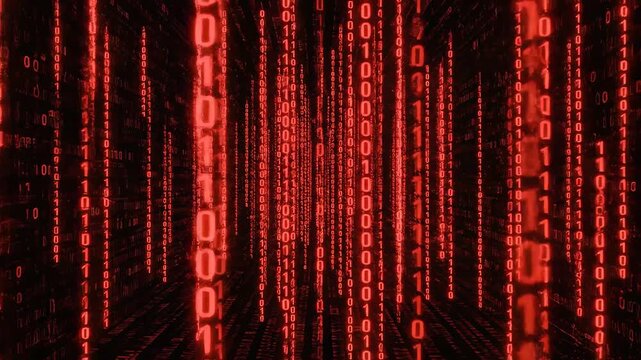 Digital binary code stream in red for commercial backgrounds, digital design, and advertising
