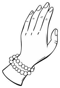 Woman's hand wearing pearl bracelets, line art illustration