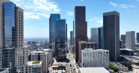 Fototapeta premium Los Angeles downtown business architecture towers. Los Angeles cityscape urban buildings modern. Los Angeles aerial drone panorama California. Los Angeles financial skyscrapers district.