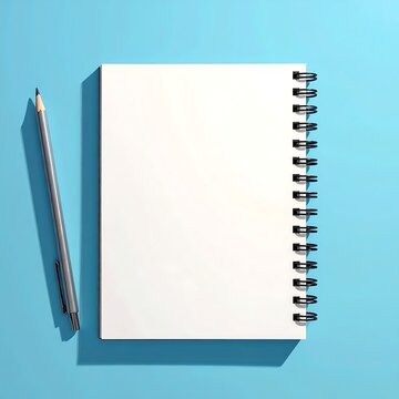 A spiral-bound notepad and pencil on blue