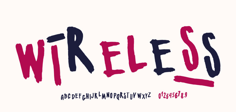 Handwritten brush sans serif font in grunge style. Letters and numbers for logo and t-shirt design. Color print on light background