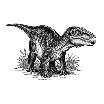 Detailed ink illustration of a prehistoric dinosaur in a natural habitat.