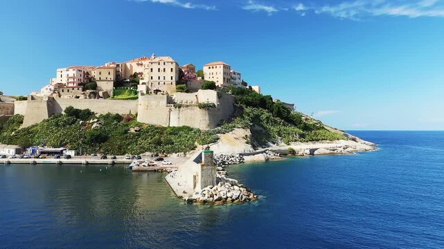 Aerial view of the historic citadel overlooking the blue Mediterranean Sea in Calvi, Corsica, on a clear sunny day. The fortified walls and charming buildings create a picturesque coastal scene.