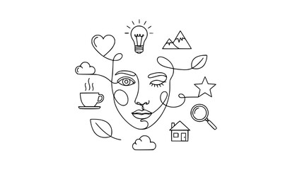 A minimalist line art illustration of a face with creative thought bubbles © MdMursalin