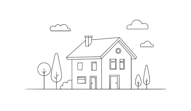 A simple line drawing of a house with trees and clouds