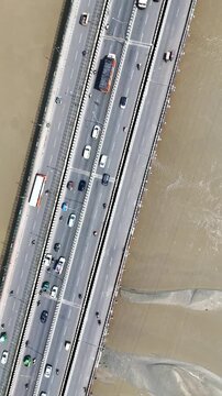 Vertical Aerial View of Jawahar Bridge over Yamuna River in Agra India