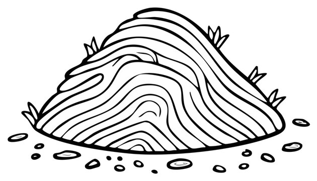 Hand-drawn illustration of a large anthill with grass sprouts and surrounding pebbles