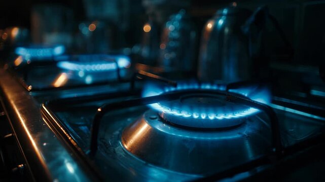 Blue Gas Flame on Stove for Indian Housewife Cooking Traditional Meals in a Modern Kitchen