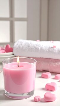 A serene setting with a lit pink candle, towels, and heart-shaped objects