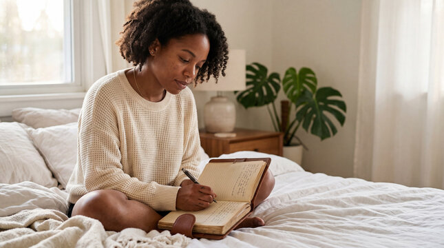 Black woman writing in journal on messy bed in morning sunlight
