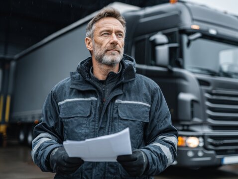 Confident truck driver with light stubble standing by truck holding shipping documents in work gloves, industry portrait. AI generative