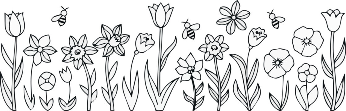 Wildflower meadow with bees and flower stems