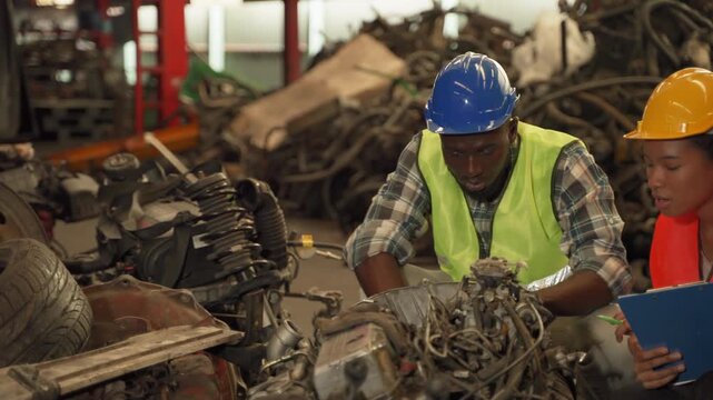 Two industrial workers wearing safety helmets and reflective vests inspecting mechanical engine parts and recording data on a clipboard in a warehouse or recycling facility environment
