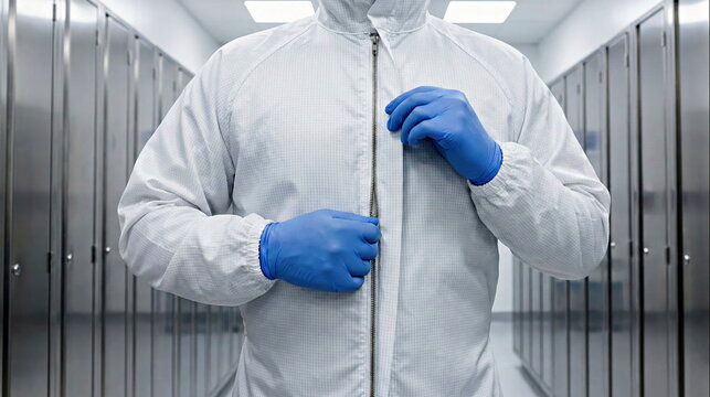 Worker zips up a white cleanroom suit and blue gloves in a sterile environment, preparing for work in a controlled industry setting.