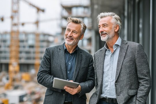 Construction management. Two executives standing, one with tablet, panoramic window overlooking construction site, business attire, successful partnership. AI generative