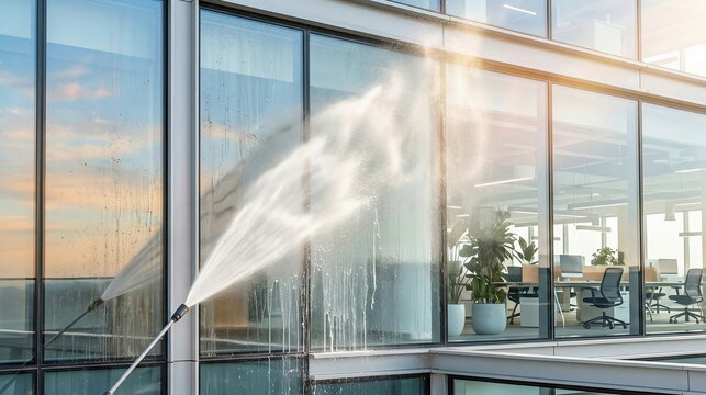 Professional power washing of dirty glass windows on a modern office building, reflecting sunlight and sky, symbolizing commercial cleaning and maintenance.