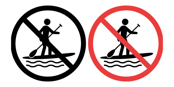 Prohibited and allowed paddleboarding symbols water safety icon set with no and permitted signs for aquatic sports regulation vector design