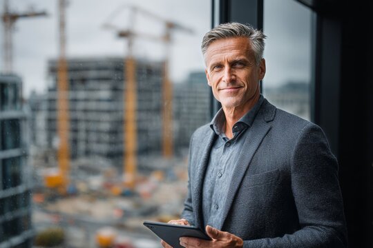 Construction director standing with tablet in hands, panoramic window overlooking construction site, slight smile, business attire, confident professional. AI generative
