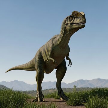 Dilophosaurus dinosaur standing in a prehistoric landscape under a clear blue sky.