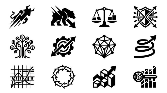 Icons Set Featuring Justice Scales Tree of Life Geometric Shapes and Scientific Symbols