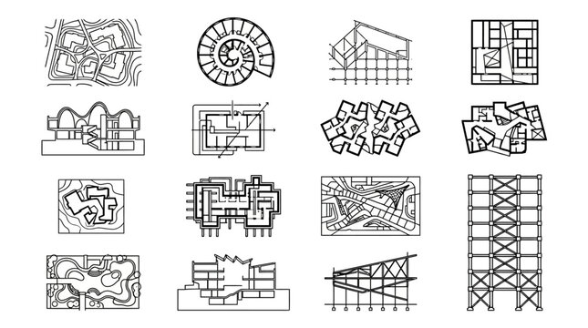 Vector Icon Set Featuring Architectures and Building Designs for Construction and Design Projects