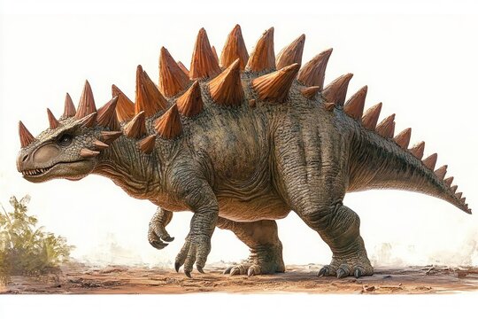 formidable spiked armored dinosaur with conical plates and wrinkled skin striding confidently across a dry dusty plain with sparse scrub under a pale sky