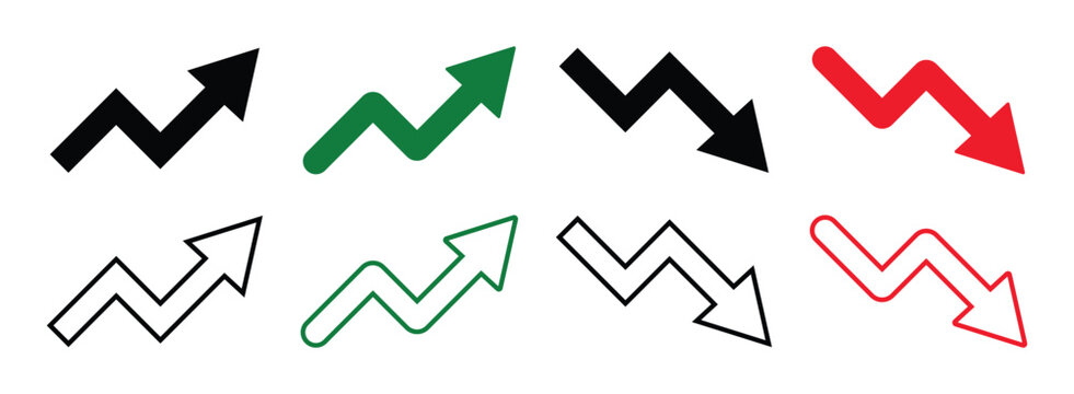Upward and Downward trend arrow icon set. Trend icon set. Green upward and red downward outline and solid icon set.