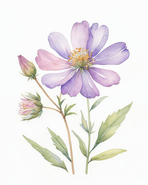 Watercolor flower delicate purple pink wildflower with soft petal stem leaf in gentle shade expressing calm beauty and natural grace