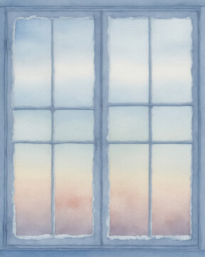 Watercolor frosted window pane glass blurred serene pastel sunrise seen through frosted glass pane with soft gradient light and subtle texture evoking calm atmosphere|