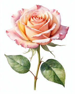 Watercolor rose bloom pastel petal peach a soft peach-to-pink gradient with a single leaf and slender stem in gentle brushwork