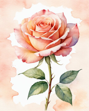 Watercolor rose bloom soft petals with gradient hues and gentle stem leaves a delicate floral suitable for decor invitations and gift design