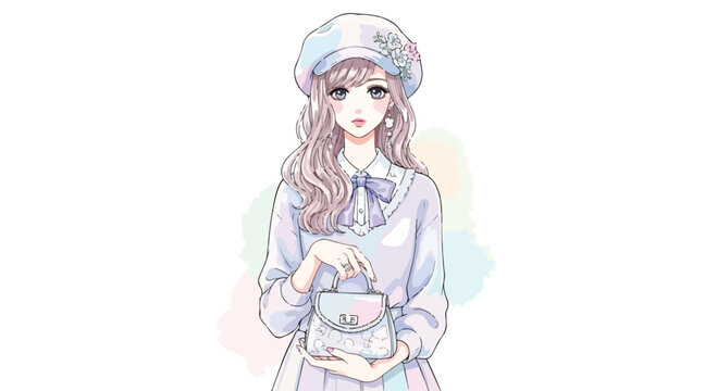 Anime girl in pastel fashion, beautiful young woman wearing beret and holding handbag, elegant manga style character illustration in soft colors