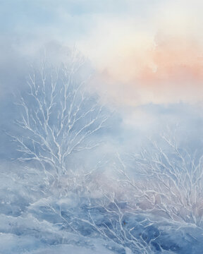 Winter frost landscape with bare trees under soft blue light creating a calm tranquil mood and watercolor texture that conveys cold serenity
