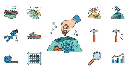 Coral Reef Restoration: Conservation, Diving, Marine Biology & Research Icons © Roti