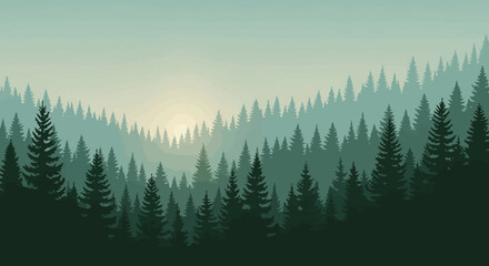 Fototapeta premium Misty Forest Landscape with Evergreen Trees and Sunrise