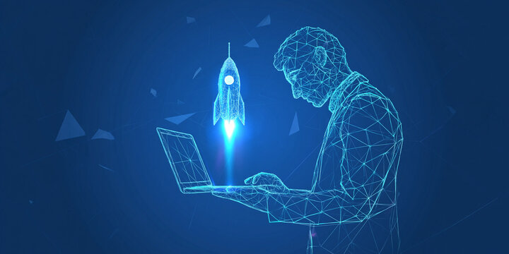 Digital wireframe man uses a laptop with a launching rocket symbolizing technological innovation and business startup success