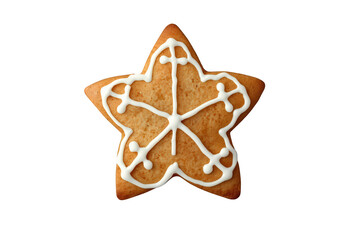 Fototapeta premium Gingerbread star cookie representing winter holiday festive season, decorated with white icing on transparent background